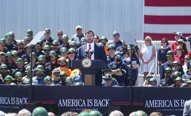 Vice President JD Vance makes remarks during an event to mark the Trump administration's first 100 days at a Nucor Steel Berkeley, Thursday, May 1, 2025, in Huger, S.C. (AP Photo/Meg Kinnard)