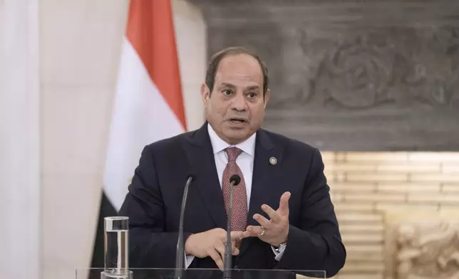 Egyptian President Abdel-Fattah el-Sissi speaks during a joint news conference with Greece's Prime Minister Kyriakos Mitsotakis, in Athens, on Wednesday, May 7, 2025. (AP Photo/Petros Giannakouris)