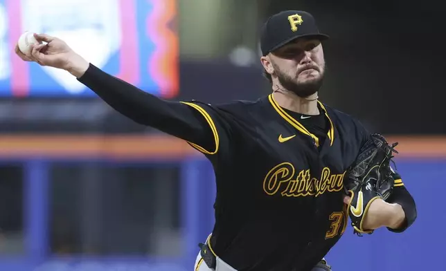 Pittsburgh Pirates pitcher Paul Skenes throws during the second inning of a baseball game against the New York Mets, Monday, May 12, 2025, in New York. (AP Photo/Pamela Smith)