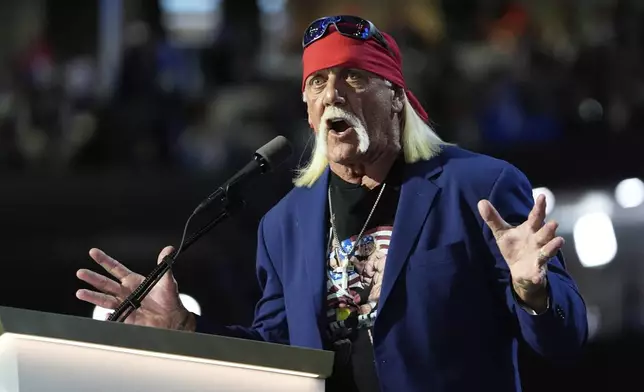FILE - Professional wrestler Hulk Hogan speaks during the final day of the Republican National Convention Thursday, July 18, 2024, in Milwaukee. (AP Photo/Paul Sancya, File)