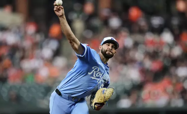 Kansas City Royals starting pitcher Michael Wacha (52) delivers during the second inning of a baseball game against the Baltimore Orioles, Friday, May 2, 2025, in Baltimore. (AP Photo/Stephanie Scarbrough)