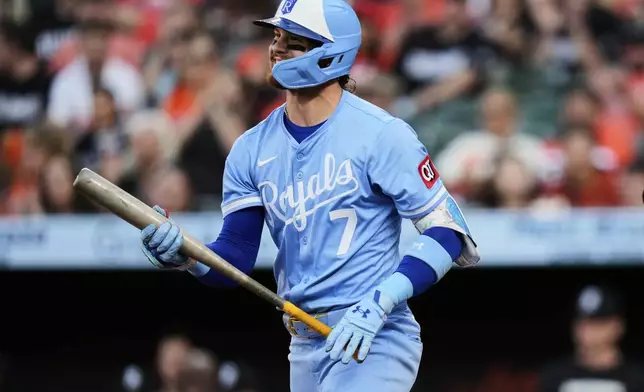 Kansas City Royals' Bobby Witt Jr. (7) reacts after striking out swinging during the first inning of a baseball game against the Baltimore Orioles, Friday, May 2, 2025, in Baltimore. (AP Photo/Stephanie Scarbrough)