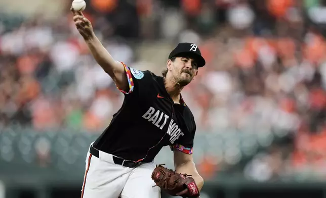Baltimore Orioles starting pitcher Dean Kremer delivers during the second inning of a baseball game against the Kansas City Royals, Friday, May 2, 2025, in Baltimore. (AP Photo/Stephanie Scarbrough)