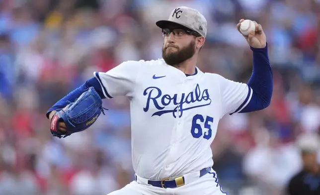 Kansas City Royals starting pitcher Noah Cameron throws during the first inning of a baseball game against the St. Louis Cardinals, Saturday, May 17, 2025, in Kansas City, Mo. (AP Photo/Charlie Riedel)