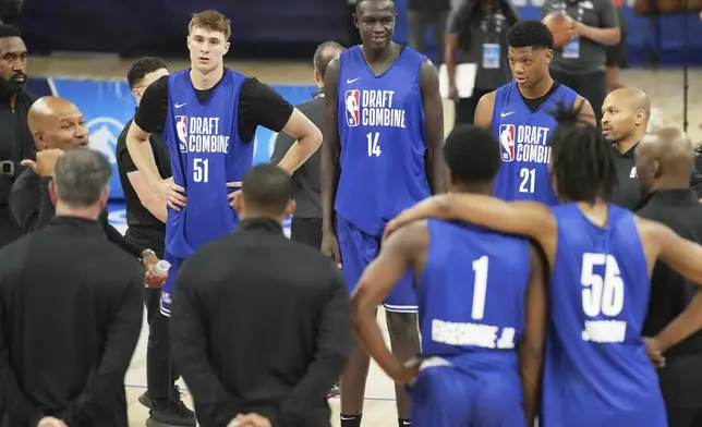 Cooper Flagg (51), Khaman Maluach (14) and Ace Bailey (21) participate at the 2025 NBA basketball Draft Combine in Chicago, Tuesday, May 13, 2025. (AP Photo/Nam Y. Huh)