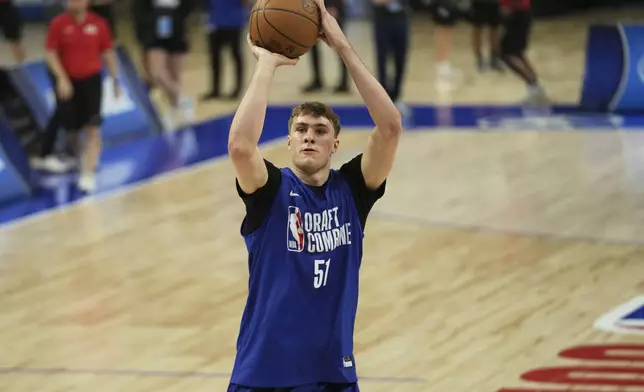 Cooper Flagg participates at the 2025 NBA basketball Draft Combine in Chicago, Tuesday, May 13, 2025. (AP Photo/Nam Y. Huh)