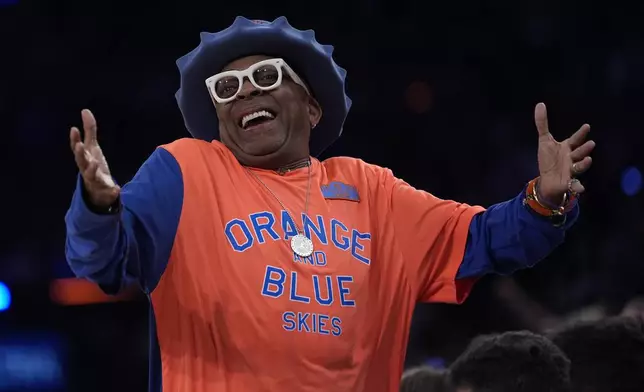 Spike Lee reacts during the second half of Game 3 of an NBA basketball second-round playoff series between the New York Knicks and the Boston Celtics, Saturday, May 10, 2025, in New York. (AP Photo/Pamela Smith)
