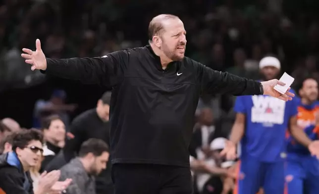New York Knicks head coach Tom Thibodeau calls to his players during the first half of Game 5 of an NBA basketball second-round playoff series against the Boston Celtics, Wednesday, May 14, 2025, in Boston. (AP Photo/Charles Krupa)