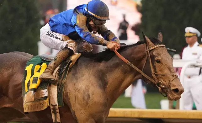 FILE - Sovereignty, ridden by Junior Alvarado, heads to the finish line to win the 151st running of the Kentucky Derby horse race at Churchill Downs Saturday, May 3, 2025, in Louisville, Ky. (AP Photo/Jeff Roberson, File)