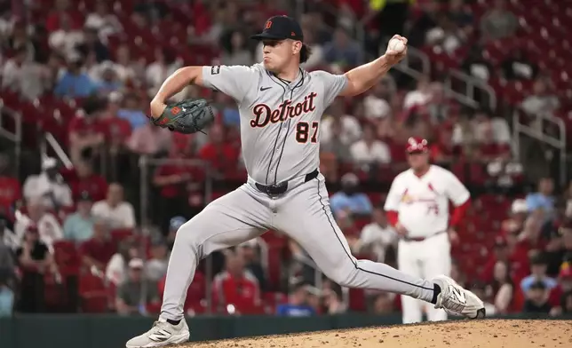 Detroit Tigers relief pitcher Tyler Holton throws during the seventh inning of a baseball game against the St. Louis Cardinals Tuesday, May 20, 2025, in St. Louis. (AP Photo/Jeff Roberson)