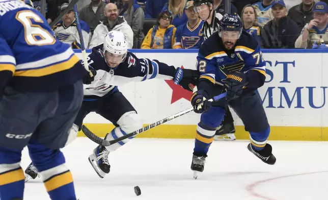 St. Louis Blues defenseman Justin Faulk, right, pressures Winnipeg Jets center Cole Perfetti (91) during the first period in Game 6 of an NHL hockey first-round playoff series Friday, May 2, 2025, in St. Louis. (AP Photo/Jeff Le)