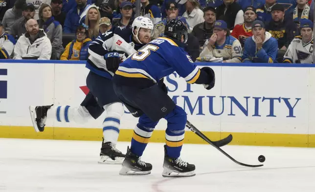 St. Louis Blues defenseman Colton Parayko (55) attempts to block a shot by Winnipeg Jets defenseman Dylan Samberg, left, during the first period in Game 6 of an NHL hockey first-round playoff series Friday, May 2, 2025, in St. Louis. (AP Photo/Jeff Le)
