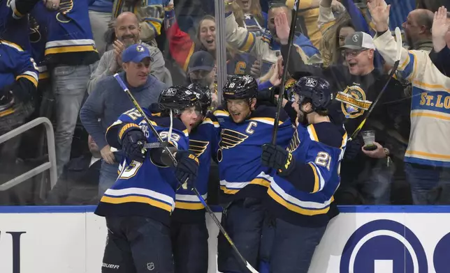 St. Louis Blues center Brayden Schenn (10) celebrates with teammates after scoring against the Winnipeg Jets during the second period in Game 6 of an NHL hockey first-round playoff series Friday, May 2, 2025, in St. Louis. (AP Photo/Jeff Le)