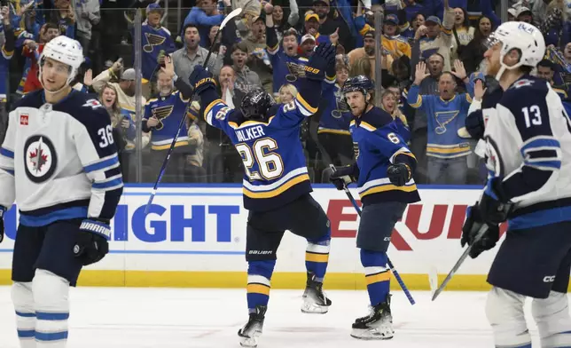 St. Louis Blues left wing Nathan Walker (26) reacts with defenseman Philip Broberg (6) after scoring against the Winnipeg Jets during the second period in Game 6 of an NHL hockey first-round playoff series Friday, May 2, 2025, in St. Louis. (AP Photo/Jeff Le)
