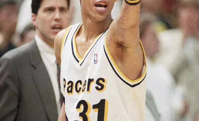 FILE - Indian Pacers' Reggie Miller (31) does a little trash talking in the direction of the New York Knicks as he leaves the court late in the fourth quarter during Game 3 of the first round of the NBA Playoffs in Indianapolis, May 5, 1993. (AP Photo/Ron Hoskins, File)