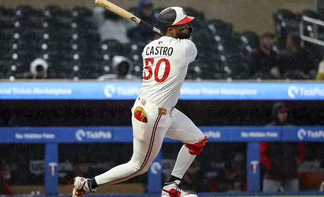 Minnesota Twins' Willi Castro hits an RBI double against the Cleveland Guardians during the second inning of baseball game Monday, May 19, 2025, in Minneapolis. (AP Photo/Matt Krohn)