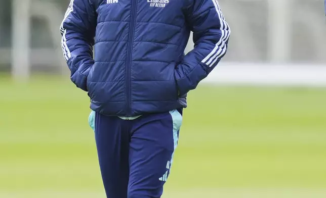 Arsenal's manager Mikel Arteta looks on during a training session in London, England, Tuesday, May 6, 2025, ahead of the Champions League semifinal second leg soccer match between Paris Saint-Germain and Arsenal on Wednesday. (AP Photo/Kirsty Wigglesworth)