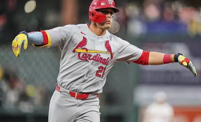 St. Louis Cardinals' Lars Nootbaar (21) celebrates after hitting a two-run home run during the second inning of a baseball game against the Baltimore Orioles, Tuesday, May 27, 2025, in Baltimore. (AP Photo/Stephanie Scarbrough)