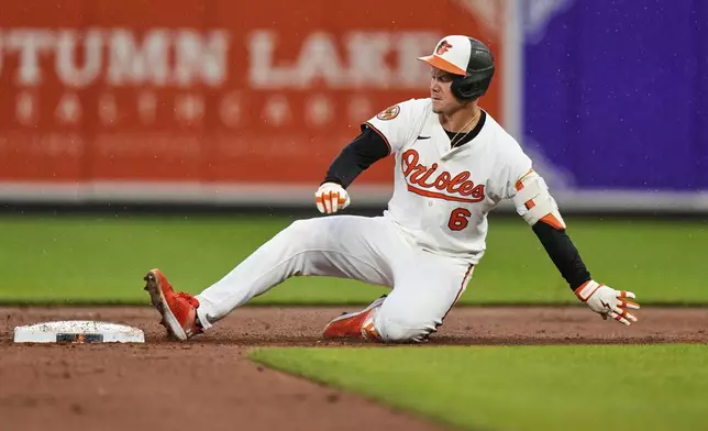 Baltimore Orioles' Ryan Mountcastle (6) slides into second base after hitting a double during the second inning of a baseball game against the St. Louis Cardinals, Tuesday, May 27, 2025, in Baltimore. (AP Photo/Stephanie Scarbrough)