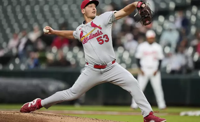 St. Louis Cardinals starting pitcher Andre Pallante (53) delivers during the first inning of a baseball game Baltimore Orioles, Tuesday, May 27, 2025, in Baltimore. (AP Photo/Stephanie Scarbrough)