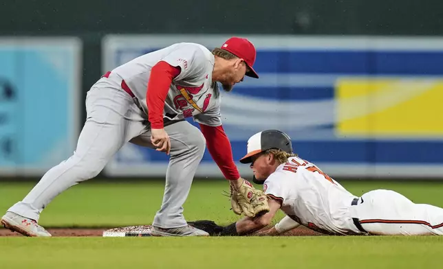 Baltimore Orioles' Jackson Holliday (7) steals second base in front of St. Louis Cardinals second baseman Nolan Gorman (16) during the third inning of a baseball game, Tuesday, May 27, 2025, in Baltimore. (AP Photo/Stephanie Scarbrough)