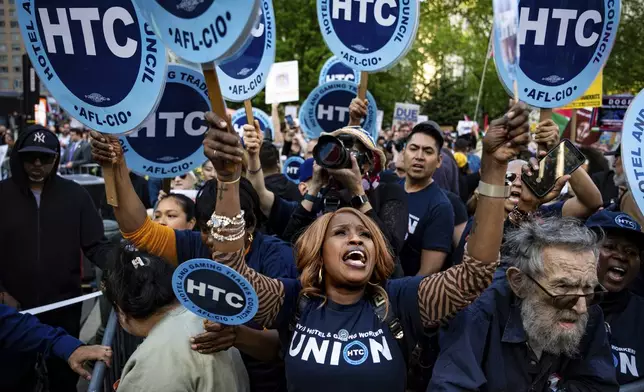 Shakira Crawford with the Hotel and Gaming Trades Council chants at the NYCLU's May Day rally for worker's and immigrant's rights at Foley Square, Thursday, May 1, 2025, in New York. (AP Photo/Angelina Katsanis)