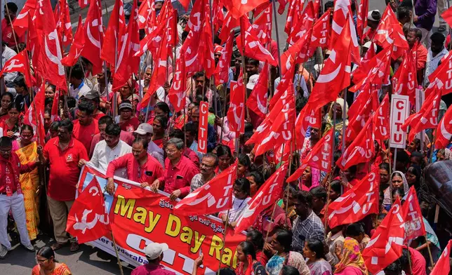 Members of Centre of India Trade Unions (CITU) participate in a rally to mark May Day in Hyderabad, India, Thursday, May 1, 2025. (AP Photo/Mahesh Kumar A.)