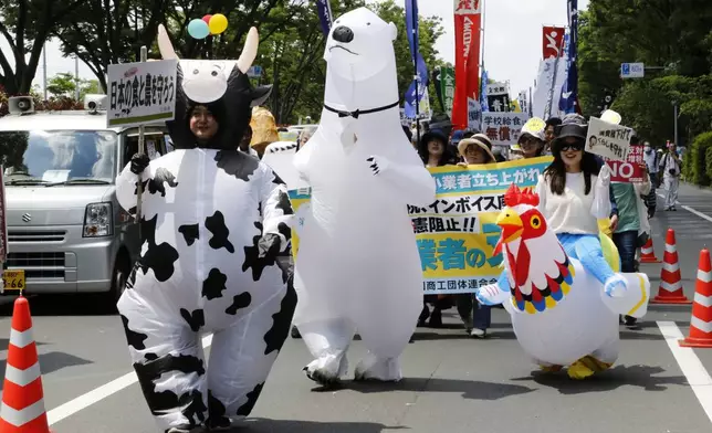 Peoeple march through the streets to mark May Day in Tokyo Thursday, May 1, 2025. (AP Photo/Yuri Kageyama)