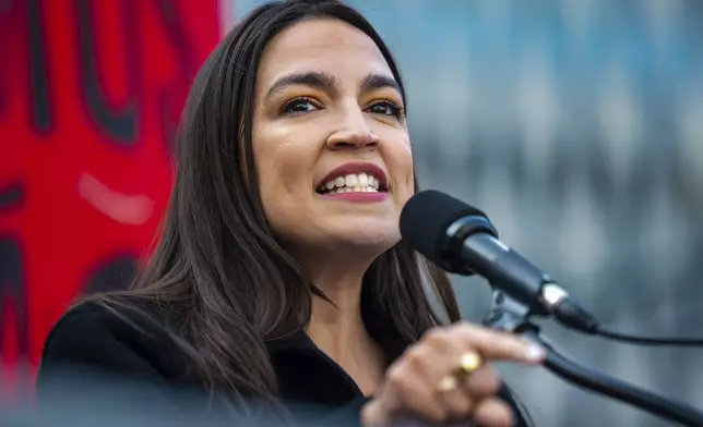 Rep. Alexandria Ocasio-Cortez (D-N.Y.) speaks at the NYCLU's May Day rally for worker's and immigrants rights at Foley Square, Thursday, May 1, 2025, in New York. (AP Photo/Angelina Katsanis)
