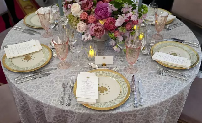 FILE - Tables are decorated during a press preview at the White House in Washington, April 9, 2024, for the State Dinner for Japan's Prime Minister Fumio Kishida. (AP Photo/Susan Walsh, File)