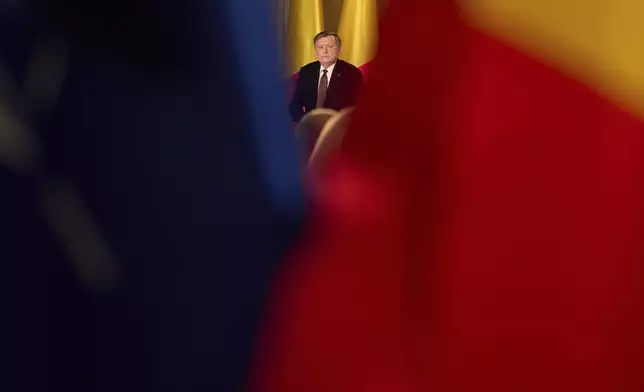 FILE - Presidential candidate Crin Antonescu sits during a live electoral debate in Bucharest, Romania, Tuesday, April 29, 2025. (AP Photo/Vadim Ghirda, File)