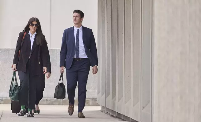 Cal Foote, one of five hockey players charged with sexual assault, arrives at the courthouse in London, Ontario, Thursday, May 8, 2025. (Geoff Robins/The Canadian Press via AP)