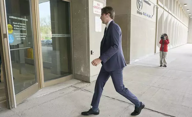 Michael McLeod, one of five hockey players charged with sexual assault, arrives at the courthouse in London, Ontario, Thursday, May 8, 2025. (Geoff Robins/The Canadian Press via AP)
