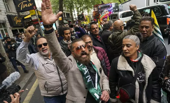 Demonstrators gather to protest outside the India High Commission, in London, Wednesday, May 7, 2025.(AP Photo/Alberto Pezzali)