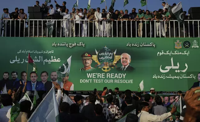 Traders and members of the civil society take part in a rally to condemn Indian strikes in Pakistan and to show their support with Pakistan's Army, in Islamabad, Pakistan, Saturday, May 10, 2025. (AP Photo/Anjum Naveed)
