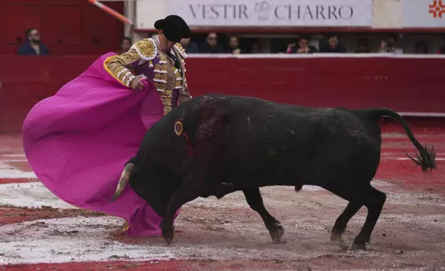 Mexican bullfighter Diego Silveti partakes in a bullfight in Aguascalientes, Mexico, Sunday, April 27, 2025. (AP Photo/Eduardo Verdugo)