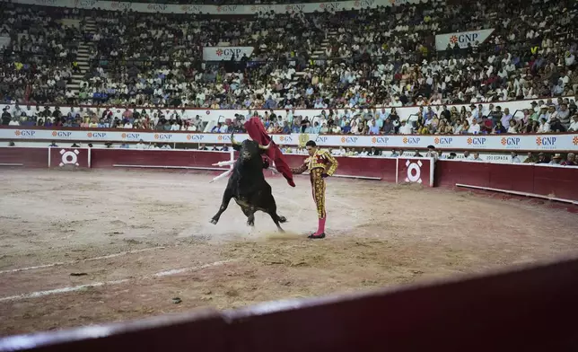Spanish bullfighter Alejandro Talavante partakes in a bullfight in Aguascalientes, Mexico, Sunday, April 27, 2025. (AP Photo/Eduardo Verdugo)