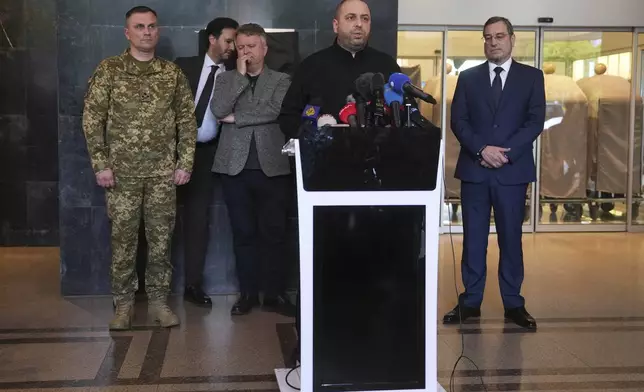 Ukraine's Defence Minister Rustem Umerov talks to journalists, in Istanbul, Turkey, Friday, May 16, 2025. (AP Photo/Evgeniy Maloletka)