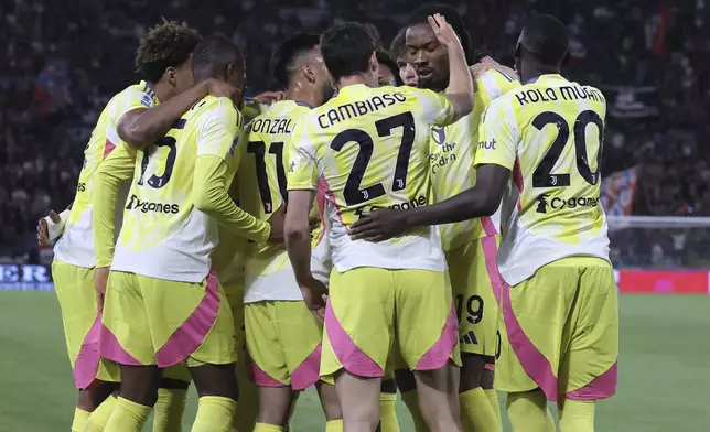 Juventus's Khephren Thuram celebrates with teammates after scoring a goal during a Serie A Enilive 2024/2025 soccer match against Bologna at Renato Dall'Ara Stadium in Bologna, Italy, Sunday, May 4, 2025. (Michele Nucci/LaPresse via AP)