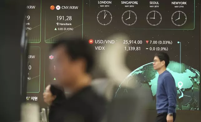 The screens show the foreign exchange rates are seen at a dealing room of Hana Bank in Seoul, South Korea, Wednesday, May 28, 2025. (AP Photo/Lee Jin-man)