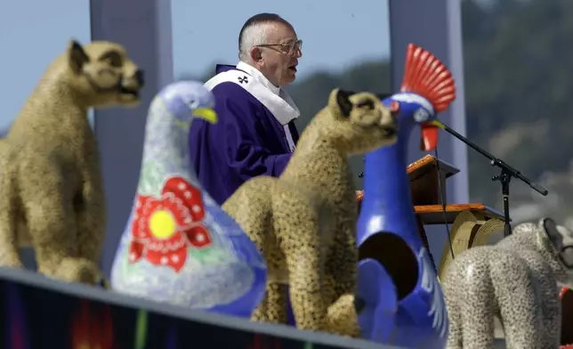 FILE - Pope Francis delivers his message during an outdoor Mass, on a stage adorned with pottery depicting species indigenous to the area, in San Cristobal de las Casas, in the Mexican state of Chiapas, Feb. 15, 2016. (AP Photo/Gregorio Borgia, File)