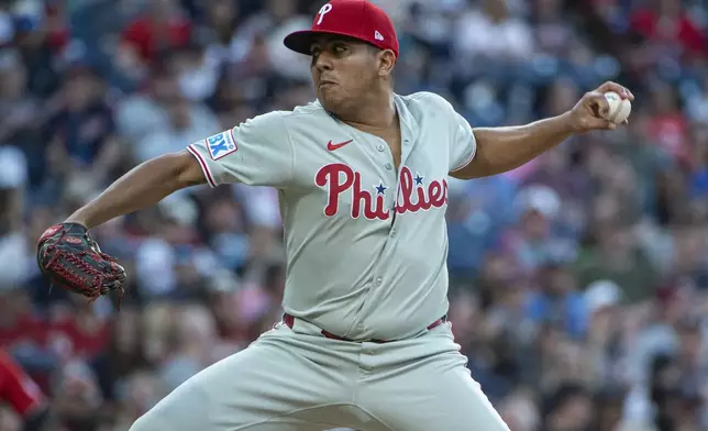 Philadelphia Phillies starting pitcher Ranger Suarez delivers against the Cleveland Guardians during the first inning of a baseball game Saturday, May 10, 2025, in Cleveland. (AP Photo/Phil Long)