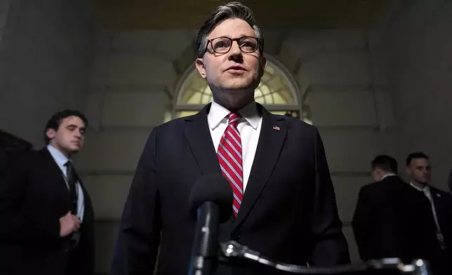Speaker of the House Mike Johnson, R-La., speaks to reporters before a House Republican conference meeting, Tuesday, May 20, 2025, at the U.S. Capitol in Washington. (AP Photo/Julia Demaree Nikhinson)