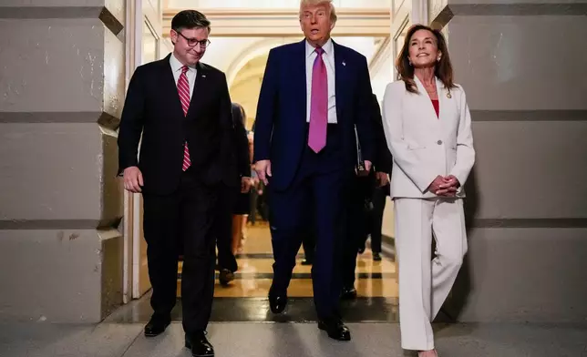 Speaker of the House Mike Johnson, R-La., President Donald Trump and Rep. Lisa McClain, R-Mich., arrive for a House Republican conference meeting, Tuesday, May 20, 2025, at the U.S. Capitol in Washington. (AP Photo/Julia Demaree Nikhinson)