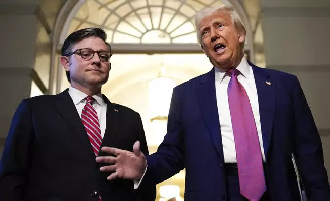 Speaker of the House Mike Johnson, R-La., and President Donald Trump arrive for a House Republican conference meeting, Tuesday, May 20, 2025, at the U.S. Capitol in Washington. (AP Photo/Julia Demaree Nikhinson)