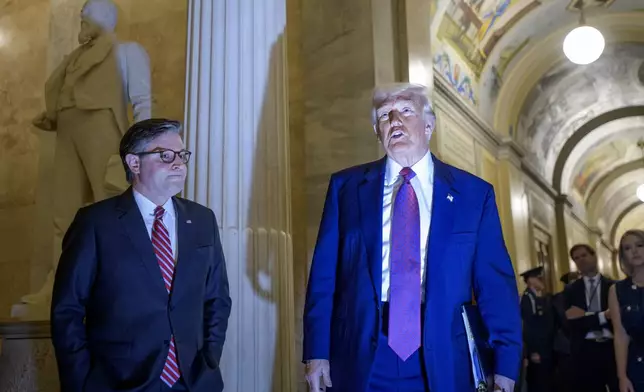 President Donald Trump, right, is joined by Speaker of the House Mike Johnson, R-La., as he arrives for a meeting with the House Republican Conference at the Capitol, Tuesday, May 20, 2025, in Washington. (AP Photo/Rod Lamkey, Jr.)