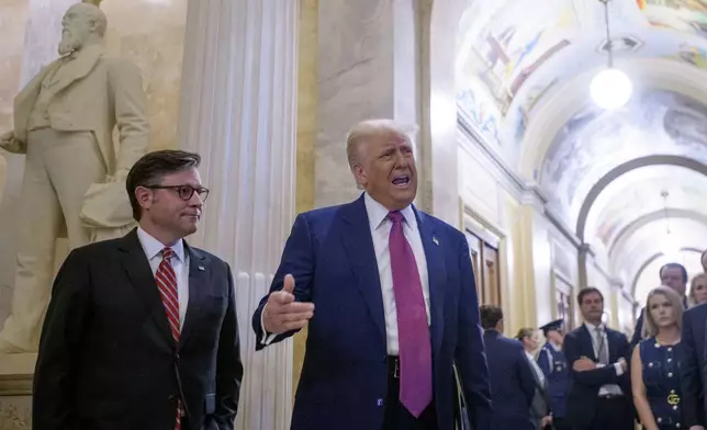 President Donald Trump, right, is joined by Speaker of the House Mike Johnson, R-La., as he arrives for a meeting with the House Republican Conference at the Capitol, Tuesday, May 20, 2025, in Washington. (AP Photo/Rod Lamkey, Jr.)