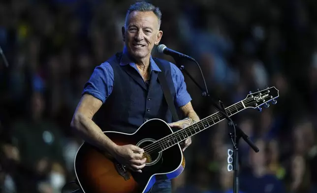 FILE - Bruce Springsteen performs at a campaign rally supporting Democratic presidential nominee Vice President Kamala Harris, Oct. 28, 2024, in Philadelphia. (AP Photo/Matt Rourke, File)