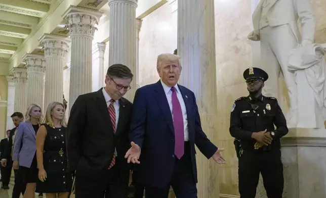President Donald Trump, center, is joined by Speaker of the House Mike Johnson, R-La., left, as he departs the Capitol following a meeting with the House Republican Conference, Tuesday, May 20, 2025, in Washington. (AP Photo/Rod Lamkey, Jr.)