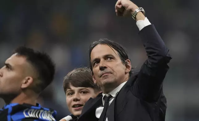 Inter Milan's head coach Simone Inzaghi celebrates after the Champions League semifinal second leg soccer match between Inter Milan and Barcelona at San Siro stadium in Milan , Italy, Tuesday, May 6, 2025. (AP Photo/Antonio Calanni)